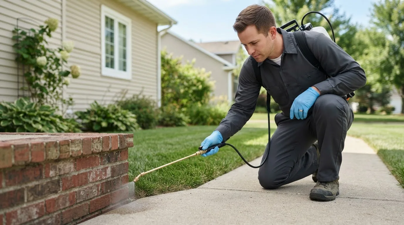 Pest control technician treating a home near Beulah, MI