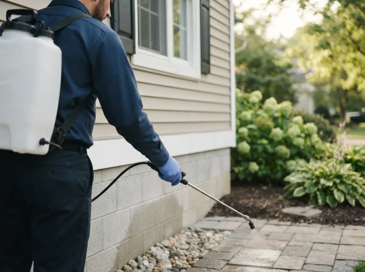 Pest control technician inspecting a home in Beulah, MI